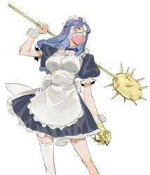 Rule 34 | 1girl, ahoge, alternate costume, apron, black dress, blue hair, club, club (weapon), covered mouth, curled horns, dinosaur girl, dress, enmaided, eyepatch, holding club, holding weapon, horns, long hair, maid, maid apron, maid headdress, mask, mouth mask, multicolored hair, one piece, pink eyes, pink hair, pink mask, raine (acke2445), single thighhigh, sketch, solo, spiked club, streaked hair, talons, thighhighs, ulti (one piece), weapon, wrist cuffs