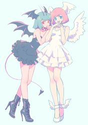 Rule 34 | 2girls, :d, akiyama enma, angel, angel and devil, aqua hair, bad id, bad pixiv id, bare arms, bare legs, bat wings, black dress, blue eyes, blush, boots, character request, choker, copyright request, demon girl, devilman, dress, feathered wings, female focus, hand on another&#039;s shoulder, hands together, head wings, high heel boots, high heels, legs, multiple girls, nail polish, open mouth, pink hair, pink nails, red eyes, red nails, short hair, smile, white dress, white high heels, wings, yuri