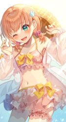 Rule 34 | 1girl, ;d, aqua eyes, bikini, bikini skirt, blush, bow, bow bikini, breasts, commentary, cowboy shot, crossed bangs, floral print, frilled bikini, frills, hair ornament, hands up, hat, hibiscus print, highres, hinoshita kaho, jacket, link! like! love live!, long sleeves, looking at viewer, love live!, low twintails, medium breasts, medium hair, navel, off shoulder, one eye closed, open clothes, open jacket, open mouth, orange hair, pink bikini, print bikini, rabbit hair ornament, revision, see-through, see-through jacket, shimada (smd dms), smile, solo, splash!!!! (love live!), stomach, straw hat, swimsuit, twintails, two side up, virtual youtuber, yellow bow