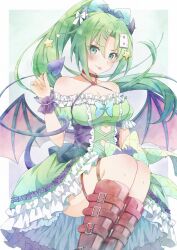 Rule 34 | 1girl, :p, absurdres, bare shoulders, belt boots, blush, boots, border, breasts, card, choker, cleavage, demon girl, demon horns, demon tail, demon wings, dress, frilled dress, frills, green eyes, green hair, hair ornament, high ponytail, highres, higurashi no naku koro ni, holding own tail, horns, jewelry, looking at viewer, medium breasts, outside border, playing card, ponytail, red choker, red footwear, ring, sitting, solo, sonozaki mion, star (symbol), star hair ornament, sweet miuk tea, tail, tongue, tongue out, white border, wings, wrist cuffs