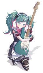 Rule 34 | 1girl, absurdres, alternate costume, apron, arm tattoo, blue eyes, blush, bow, bowtie, enmaided, fingerless gloves, full body, gloves, green hair, guitar, hairpin, hatsune miku, highres, holding, holding guitar, holding instrument, instrument, kneeling, leo/need miku, long hair, looking to the side, maid, maid apron, maid headdress, multiple hairpins, nail polish, pink bow, pink bowtie, pink hair, pink ribbon, project sekai, ribbon, shy, smile, striped clothes, striped thighhighs, sweat, tattoo, thighhighs, twintails, vocaloid, vs0mr, white background
