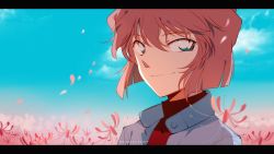 Rule 34 | 1girl, artist name, blue eyes, blue jacket, blue sky, blurry, blurry foreground, brown hair, closed mouth, cloud, day, daylight919, field, flower, flower field, haibara ai, hair between eyes, highres, jacket, meitantei conan, open clothes, open jacket, portrait, red flower, red rose, red shirt, rose, shirt, short hair, sky, smile, solo