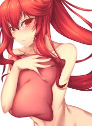 Rule 34 | 1girl, blush, covering privates, covering breasts, elesis (elsword), elsword, fi-san, highres, long hair, looking at viewer, nude, pillow, red eyes, red hair, solo, transparent background, upper body