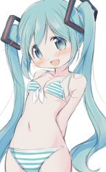 Rule 34 | 1girl, :d, absurdres, aqua bikini, aqua eyes, aqua hair, arms behind back, bikini, blush, breasts, collarbone, commentary request, hatsune miku, highres, hitode, long hair, looking at viewer, open mouth, simple background, small breasts, smile, solo, swimsuit, twintails, very long hair, vocaloid, white background