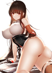 Rule 34 | 1girl, absurdres, an yasuri, arm support, ass, asymmetrical gloves, bad id, bad pixiv id, bare shoulders, breasts, brown hair, cleavage, clothes lift, covered erect nipples, dsr-50 (girls&#039; frontline), elbow gloves, girls&#039; frontline, gloves, highres, large breasts, long hair, looking at viewer, red eyes, revision, single elbow glove, single thighhigh, thigh strap, thighhighs, thighs, turtleneck, uneven gloves, very long hair, white background