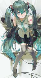 Rule 34 | 1girl, absurdres, aqua eyes, aqua hair, aqua necktie, bare shoulders, black skirt, boots, cable, commentary, detached sleeves, from above, grey shirt, grey thighhighs, hair ornament, hand on own knee, hatsune miku, highres, long hair, looking at viewer, looking up, miniskirt, necktie, nik ibi, pleated skirt, shirt, shoulder tattoo, sitting, skirt, sleeveless, sleeveless shirt, solo, speaker, tattoo, thigh boots, thighhighs, tie clip, twintails, very long hair, vocaloid