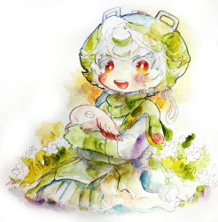 Rule 34 | 1girl, :d, absurdres, akamtvahosi, animal, blush, bright pupils, child, commentary request, curly hair, dress, flower, full body, gloves, grass, green dress, green gloves, green hair, green hat, green scarf, hat, highres, holding, holding animal, long sleeves, looking at viewer, made in abyss, meinya (made in abyss), multicolored hair, open mouth, orange eyes, prushka, scarf, short hair, sitting, sketch, smile, solo, streaked hair, teeth, traditional media, upper teeth only, white background, white flower, white hair, white pupils