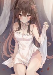 Rule 34 | 1girl, blush, brown hair, choker, dress, flower, flower-shaped pupils, genshin impact, hair between eyes, hu tao (genshin impact), jewelry, long hair, looking at viewer, maruro, necklace, red eyes, ring, smile, solo, symbol-shaped pupils, thighs, twintails, very long hair, white dress