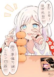 Rule 34 | 1girl, :d, absurdres, blue eyes, blush, food, fruit, hands up, highres, kotatsu, long hair, long sleeves, mandarin orange, mole, mole under eye, notice lines, open mouth, original, puffy long sleeves, puffy sleeves, simple background, sleeves past wrists, smile, sofra, solo, stacking, sweater, swept bangs, table, teeth, translation request, upper teeth only, v-shaped eyebrows, white background, white hair, white sweater