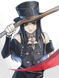 Rule 34 | 1other, ascot, bare shoulders, black hair, black hat, commentary request, fingerless gloves, gloves, guilty gear, guilty gear strive, hat, highres, holding, holding weapon, korean commentary, long hair, looking at viewer, other focus, red eyes, scythe, testament (guilty gear), top hat, weapon, white ascot, white gloves, yeji36