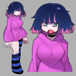 Rule 34 | 1girl, absurdres, alternate hairstyle, asymmetrical legwear, black choker, black hair, blastoisenn, blunt bangs, breasts, choker, closed mouth, highres, hood, hoodie, large breasts, multicolored hair, open mouth, panty &amp; stocking with garterbelt, pink hair, purple hoodie, short hair, solo, stocking (psg), striped clothes, striped thighhighs, thighhighs