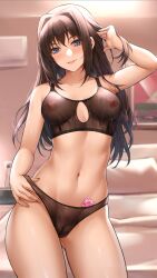 Rule 34 | 1girl, absurdres, adjusting hair, aozaki aoko, arm up, bed, black bra, black hair, black panties, blue eyes, blurry, blurry background, blush, bra, cameltoe, commentary request, commission, condom, condom in clothes, condom wrapper, covered erect nipples, fingernails, hair intakes, highres, hua-j, long hair, looking at viewer, mahou tsukai no yoru, navel, panties, parted lips, pixiv commission, see-through, smile, solo, underwear, underwear only