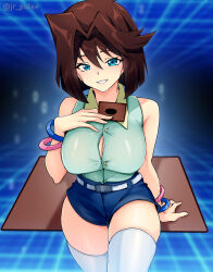 Rule 34 | artist name, bare shoulders, belt, blue eyes, bracelet, breasts, brown hair, card, cleavage, female focus, grin, highres, holding, holding card, jewelry, jrpulse, large breasts, looking at viewer, mazaki anzu, sitting, smile, solo, teeth, thick thighs, thighhighs, thighs, yu-gi-oh!, yu-gi-oh! duel monsters, yu-gi-oh (card)