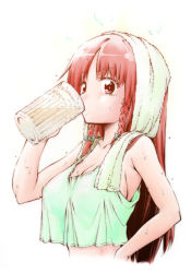 Rule 34 | 1girl, alternate eye color, bare arms, bare shoulders, bow, braid, breasts, brown eyes, cleavage, collarbone, commentary request, crop top, crop top overhang, drinking, green bow, hair bow, hair ribbon, hand on own hip, highres, holding, hong meiling, kumagai ayato, large breasts, long hair, looking at viewer, no headwear, no headwear, orange hair, ribbon, sideboob, solo, steam, tank top, tankard, touhou, towel, towel on head, tress ribbon, twin braids, upper body, wet, white background