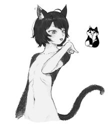Rule 34 | 1girl, absurdres, animal ears, arm at side, black hair, body fur, cat, cat ears, cat girl, cat tail, completely nude, dungeon meshi, flat chest, greyscale, hand up, hashtag-only commentary, highres, izutsumi, licking, looking to the side, mismatched animal ears, monochrome, navel, nude, okanezero0, short hair, simple background, slit pupils, standing, swept bangs, tail, tongue, tongue out, upper body