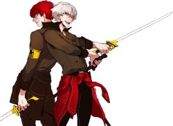 Rule 34 | alternate color, armband, arms up, black pants, black sleeve cuffs, blue eyes, closed mouth, clothes around waist, collared coat, collared shirt, commentary, dgx (hovan), dual persona, dual wielding, feet out of frame, green shirt, holding, holding sword, holding weapon, looking back, male focus, minazuki sho, official alternate color, open collar, open mouth, outstretched arm, pants, persona, persona 4, persona 4: the ultimate in mayonaka arena, persona 4: the ultimax ultra suplex hold, popped collar, red eyes, red hair, scar, scar on face, shirt, shirt around waist, short hair, simple background, sleeve cuffs, smile, star (symbol), sword, teeth, tongue, upper teeth only, weapon, white background, white hair, yellow armband