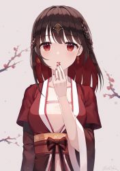 Rule 34 | 1girl, absurdres, blunt bangs, bow, braid, branch, breasts, brown hair, cherry blossoms, earrings, flower, french braid, grey background, hair intakes, hair ornament, hand to own mouth, highres, jewelry, light blush, long hair, looking at viewer, medium breasts, monjja, nail polish, obi, original, parted lips, red eyes, red nails, red robe, ring, robe, sash, signature, simple background, solo, upper body, wide sleeves, winter