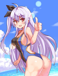Rule 34 | 1girl, ass, bare shoulders, blush, breasts, cougar (cougar1404), from behind, hair ribbon, leaning, leaning forward, long hair, looking at viewer, medium breasts, one-piece swimsuit, open mouth, original, purple hair, red eyes, ribbon, shiny clothes, shiny skin, smile, solo, swimsuit, very long hair, water, wet, wet clothes, wet hair