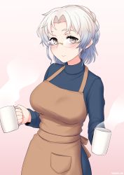 Rule 34 | 1girl, absurdres, aged up, alternate costume, apron, blue sweater, blush, breasts, brown apron, cup, cypress, glasses, gradient background, highres, hirato (kancolle), holding, holding cup, kantai collection, large breasts, long sleeves, looking at viewer, mug, pink background, pocket, short hair, silver hair, simple background, smile, solo, steam, sweater, twitter username