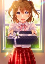 Rule 34 | 1girl, bandaid, blue eyes, box, day, fang, gift, gift box, giving, hair ribbon, indoors, lens flare, long sleeves, looking at viewer, open mouth, original, outstretched arms, pink ribbon, plaid, plaid skirt, red hair, red skirt, ribbon, school uniform, shirt, short hair, skirt, solo, tan (tangent), two side up, valentine, white shirt, window