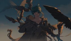 Rule 34 | 1boy, ahoge, animal, bird, black bird, black capelet, black hair, black robe, blue sky, capelet, cloud, collarbone, commentary, final fantasy, final fantasy xiv, flock, hermes (ff14), highres, hood, hood down, hooded capelet, male focus, namaiwanai, no eyes, outdoors, parted lips, robe, short hair, sky, solo, symbol-only commentary, upper body, wind