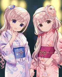 Rule 34 | 2girls, absurdres, blue eyes, blue kimono, braid, breasts, brown eyes, flat chest, floral print, flower, hair flower, hair ornament, hair ribbon, highres, hisakawa hayate, hisakawa nagi, holding hands, idolmaster, idolmaster cinderella girls, idolmaster cinderella girls starlight stage, japanese clothes, kimono, looking at viewer, mask, mask on head, unworn mask, morning glory print, multiple girls, open mouth, pink kimono, ponytail, ribbon, siblings, sisters, small breasts, standing, twintails, user gfkw7587, white hair