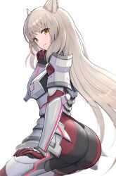 Rule 34 | 1girl, animal ears, armor, ass, bodysuit, breastplate, breasts, cat ears, from behind, gloves, gonzarez, grey hair, highres, long hair, m (xenoblade), medium breasts, sitting, skin tight, solo, very long hair, xenoblade chronicles (series), xenoblade chronicles 3, yellow eyes