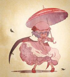 Rule 34 | 1girl, bat wings, bloomers, blue hair, blush, dress, fang, full body, hat, hat ribbon, leaf, looking down, mary janes, mob cap, open mouth, parasol, pink dress, puffy sleeves, red eyes, remilia scarlet, ribbon, shoes, short sleeves, simple background, solo, standing, tears, touhou, umbrella, underwear, wide-eyed, wind, wind lift, wings, wrist cuffs, yamamomo (plank)