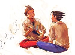Rule 34 | 2boys, ace attorney, antenna hair, apollo justice, barefoot, between legs, black hair, blue necktie, blue pants, blush, bottle, brown hair, closed eyes, hand between legs, holding, holding bottle, indian style, loose necktie, lower teeth only, lyrics, male focus, multiple boys, music, necktie, no jacket, open collar, open mouth, pants, phoenix wright, red pants, rocoya1, shirt, short hair, singing, sitting, sleeves rolled up, smile, spiked hair, sweat, teeth, translation request, white background, white shirt