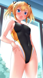 Rule 34 | 1girl, arm at side, bare shoulders, battle girl high school, black one-piece swimsuit, blonde hair, blush, breasts, cleavage, collarbone, commentary request, competition swimsuit, covered navel, forte (symbol), fortissimo, frown, hair between eyes, hair ornament, hair ribbon, hand on own hip, highleg, highleg swimsuit, highres, indoors, kougami kanon, looking at viewer, musical note, musical note hair ornament, one-piece swimsuit, open mouth, ribbon, short hair, short twintails, small breasts, solo, swimsuit, tree, tsuchimiya, twintails, two side up, window