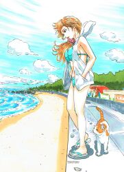 Rule 34 | 1girl, animal, aqua bikini, artist name, beach, bikini, cat, cloud, cloudy sky, day, floating hair, hair ornament, hands in pockets, highres, hood, hooded jacket, jacket, long hair, looking to the side, original, outdoors, parted lips, red hair, road, sand, sandals, sky, sleeveless, sleeveless jacket, solo, street, swimsuit, swimsuit under clothes, tekutekuman, tree, water, white jacket