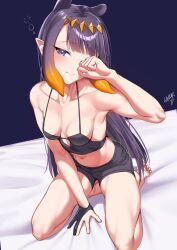 Rule 34 | 1girl, alternate breast size, bare shoulders, blue eyes, blunt bangs, breasts, commentary, diamond hairband, english commentary, gloves, gradient hair, halterneck, highres, hololive, hololive english, kneeling, linear 71, long hair, looking at viewer, multicolored hair, navel, ninomae ina&#039;nis, one eye closed, orange hair, partially fingerless gloves, pointy ears, purple hair, rubbing eyes, shorts, sidelocks, small breasts, solo, tentacle hair, virtual youtuber