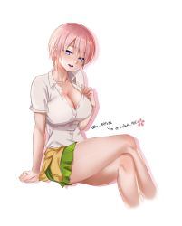 Rule 34 | 1girl, blue eyes, breasts, cardigan, cardigan around waist, cleavage, clothes around waist, collared shirt, commentary request, crossed legs, dress shirt, go-toubun no hanayome, green skirt, highres, large breasts, looking at viewer, nakano ichika, open mouth, pink hair, pleated skirt, shirt, short hair, short sleeves, sitting, skirt, sweater, thighs, tied sweater, unbuttoned, white shirt, yellow sweater, z arts96