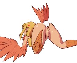 Rule 34 | 1girl, anal, anger vein, anus, ass, blonde hair, butt plug, demon, drawfag, feathered wings, feathers, female focus, from behind, harpy, megami tensei, monster girl, nude, pointy ears, pussy, sex toy, shin megami tensei, simple background, solo, spread legs, uncensored, white background, wings
