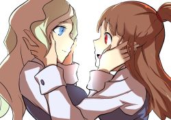 Rule 34 | 2girls, blonde hair, blue eyes, brown hair, by07070721, diana cavendish, hands on another&#039;s cheeks, happy, kagari atsuko, little witch academia, looking at another, luna nova school uniform, multicolored hair, multiple girls, red eyes, school uniform, short ponytail, smile, two-tone hair, yuri