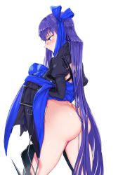 Rule 34 | 10s, 1girl, absurdly long hair, absurdres, armor, armored boots, ass, back, between buttocks, black coat, blue eyes, blue ribbon, boots, breasts, butt crack, closed mouth, clothes lift, coat, cowboy shot, fate/extra, fate/extra ccc, fate (series), flashing, from behind, groin, hair between eyes, hair ribbon, hands in opposite sleeves, hands up, highres, huge ass, juliet sleeves, legs apart, lifted by self, long coat, long hair, long sleeves, looking down, meltryllis (fate), open clothes, open coat, profile, puffy sleeves, purple hair, revealing clothes, ribbon, simple background, skirt, skirt lift, sleeves past wrists, small breasts, solo, spikes, ssamjang (misosan), sweatdrop, thigh boots, thighhighs, thighs, very long hair, very long sleeves, white background
