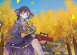 Rule 34 | 1girl, absurdres, black hair, black jacket, black skirt, blue sky, braid, brown eyes, cha goma, closed mouth, comiket 102, commentary request, day, feet out of frame, ginkgo leaf, ginkgo tree, grey sweater, highres, holding, holding instrument, horns, instrument, instrument request, jacket, leaf, light brown hair, long hair, looking at viewer, original, outdoors, pleated skirt, sitting, skirt, sky, socks, solo, sweater, tree, white socks