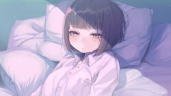 Rule 34 | 1girl, absurdres, blunt bangs, bob cut, breast pocket, breasts, brown eyes, brown hair, close-up, closed mouth, commentary, crying, crying with eyes open, dancho (dancyo), dress shirt, hair strand, highres, large breasts, light blush, light particles, looking at viewer, lying, messy hair, narrowed eyes, on back, on bed, original, pillow, pocket, sad, shirt, short hair, solo, tearing up, tears, white shirt
