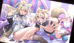 Rule 34 | 2girls, animal ear fluff, animal ears, belt collar, black collar, black jacket, blonde hair, blue hair, blue nails, blush, breasts, collar, cropped jacket, cropped shirt, curry bowl, dog ears, dog girl, dog tail, dress, fur-trimmed jacket, fur trim, fuwawa abyssgard, fuwawa abyssgard (1st costume), hair ornament, hairpin, headphones, headphones around neck, highres, hololive, hololive english, jacket, large breasts, long hair, looking at viewer, medium hair, mococo abyssgard, mococo abyssgard (1st costume), multicolored hair, multiple girls, one eye closed, open mouth, perroccino (fuwamoco), pink hair, pink nails, shirt, shoes, short shorts, shorts, siblings, single fishnet legwear, sisters, small breasts, sneakers, spiked collar, spikes, streaked hair, tail, twins, virtual youtuber, white dress, white footwear, white shirt, white shorts, x hair ornament