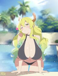 Rule 34 | 1girl, bare shoulders, bikini, black bikini, blonde hair, blue hair, blue sky, blurry, blurry background, blush, breasts, cloud, cowboy shot, curvy, day, dragon horns, fingernails, gradient hair, green hair, hair between eyes, hanging breasts, highres, horns, huge breasts, kobayashi-san chi no maidragon, leaning forward, long hair, looking at viewer, lucoa (maidragon), multicolored eyes, multicolored hair, navel, one eye closed, outdoors, palm tree, parted lips, partially submerged, pool, r3dfive, shiny skin, sky, solo, swimsuit, thong, thong bikini, tree, very long hair, water, wet, wide hips, wink, yellow eyes