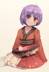 Rule 34 | 1girl, ahoge, bowl, closed mouth, commentary, full body, highres, japanese clothes, kimono, long sleeves, looking at viewer, purple hair, red eyes, red kimono, shaku (syak 18), short hair, simple background, sitting, smile, solo, sukuna shinmyoumaru, touhou, yellow background