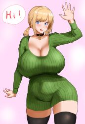 Rule 34 | 1girl, :d, black choker, black thighhighs, blonde hair, blue eyes, blush, bra strap, breasts, choker, cleavage, collarbone, contrapposto, curvy, dress, dumbbelldore, eyelashes, fang, feet out of frame, green sweater, highres, huge breasts, long sleeves, looking at viewer, medium hair, open mouth, outstretched hand, pink background, plump, short twintails, sidelocks, smile, solo, striped, sweater, sweater dress, thighhighs, thighs, twintails, vertical stripes, waving, wide hips, zettai ryouiki