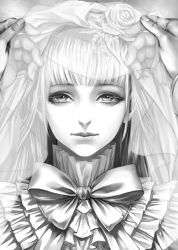 Rule 34 | 1girl, blunt bangs, bow, fata morgana no yakata, flower, frills, greyscale, hair flower, hair ornament, high collar, long hair, looking at viewer, monochrome, moyatarou, official art, out of frame, rose, solo, solo focus, straight hair, the white-haired girl, veil