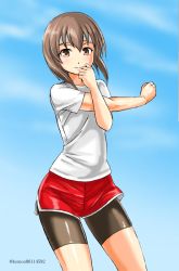 Rule 34 | 1girl, bike shorts, bike shorts under shorts, black shorts, blue sky, cloud, commentary request, cowboy shot, kantai collection, kudou (ooabareteng), looking at viewer, one-hour drawing challenge, red shorts, shirt, shorts, sky, solo, standing, stretching, t-shirt, taihou (kancolle), white shirt