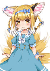 Rule 34 | 1girl, absurdres, alternate costume, animal ears, arknights, blonde hair, blue dress, blue hairband, blush, bow hairband, braid, braided hair rings, closed mouth, collarbone, colored tips, commentary request, cowboy shot, dress, earpiece, fox ears, fox girl, fox tail, hair rings, hairband, highres, kitsune, kyuubi, looking at viewer, multicolored hair, multiple tails, nasumikan (nodoame241), puffy short sleeves, puffy sleeves, sailor collar, sailor dress, short hair, short sleeves, simple background, smile, solo, split mouth, suzuran (arknights), tail, twin braids, two-tone hair, white background, white hair, white sailor collar, yellow eyes