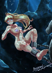 Rule 34 | 1girl, asphyxiation, breasts, bubble, chain, chained, drowning, fish, foxeye, full body, highres, holding breath, large breasts, nude, underwater