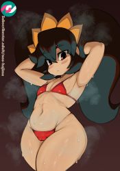 Rule 34 | :&lt;, armpits, arms behind head, arms up, artist name, ashley (warioware), big hair, bikini, black background, black hair, blush, closed mouth, eyebrows, flat chest, hair between eyes, hairband, highres, legs together, long hair, looking at viewer, navel, neo hajime, nintendo, no nose, orange hairband, red bikini, red eyes, sidelocks, simple background, standing, steam, steaming body, stomach, sweat, swimsuit, thighs, twintails, warioware, witch