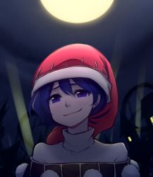 Rule 34 | 1girl, :3, blue hair, commentary, doremy sweet, english commentary, full moon, hair between eyes, hat, looking at viewer, moon, night, nightcap, outdoors, pom pom (clothes), portrait, purple eyes, short hair, smile, smirk, solo, speckticuls, touhou, turtleneck