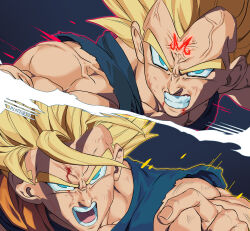 Rule 34 | 2boys, absurdres, artist name, battle, battle damage, blonde hair, blood, blood from mouth, blue shirt, clenched teeth, close-up, dragon ball, dragonball z, facial mark, forehead mark, green eyes, highres, majin vegeta, male focus, medium hair, multiple boys, nachairo, open mouth, orange shirt, shirt, simple background, son goku, spiked hair, super saiyan, super saiyan 2, teeth, tongue, torn clothes, torn shirt, vegeta