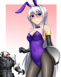 Rule 34 | 1girl, animal ears, bare shoulders, blood, blush, bow, bowtie, breasts, cleavage, covered navel, demise, king of armageddon, detached collar, duel monster, elbow gloves, elf, fake animal ears, gloves, leotard, long hair, looking at viewer, no bra, nosebleed, pantyhose, pataneet, playboy bunny, pointy ears, purple eyes, rabbit ears, ruin, queen of oblivion, shiny clothes, shiny skin, silver hair, standing, tray, very long hair, wrist cuffs, yu-gi-oh!